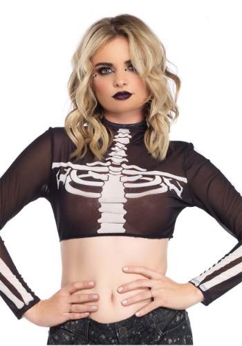 Women&#39;s Black Skeleton High Neck Crop Top Costume