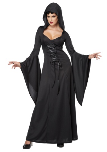 Women&#39;s Hooded Black Lace Up Robe Costume