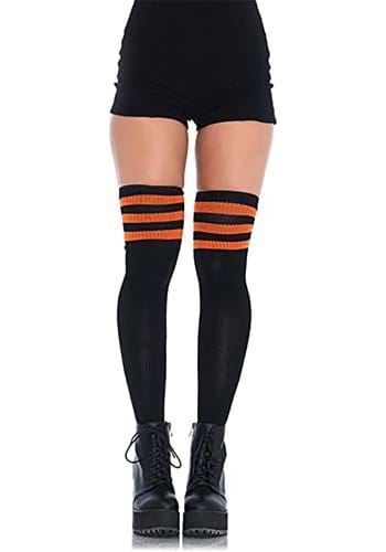 Women&#39;s Thigh High Black Athletic Socks w/ Orange Stripes