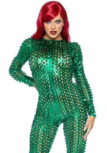 Women&#39;s Green Laser Cut Metallic Catsuit Costume