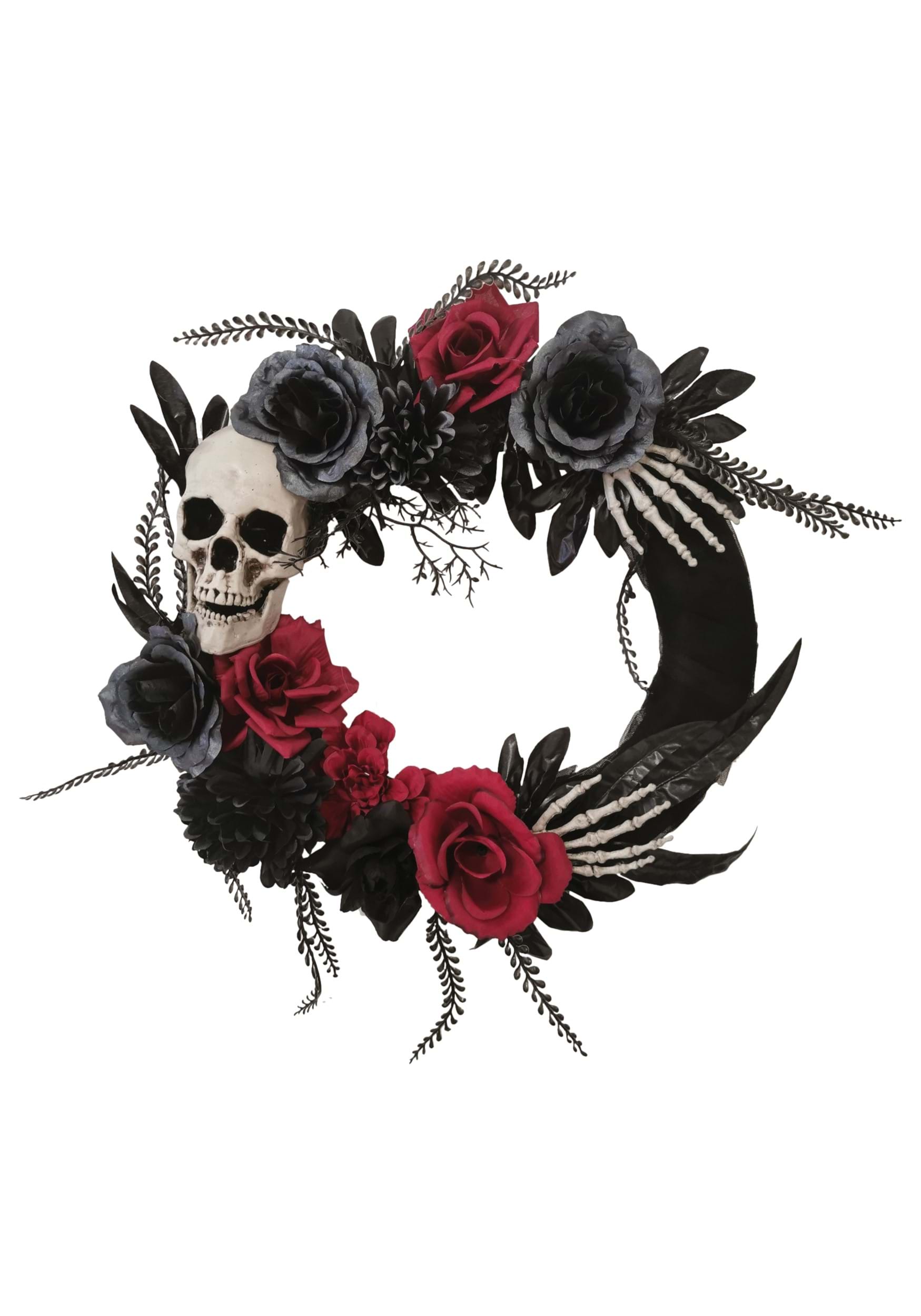 18-Inch Black Skull Wreath with Hands and Roses Halloween Decoration | Halloween Wreath