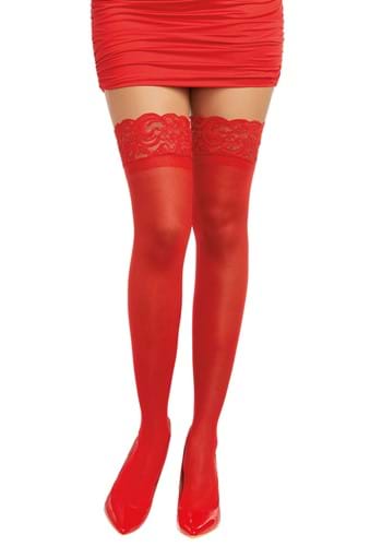 Women&#39;s Red Anti-Slip Thigh High Stockings with Lace Top