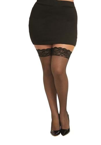 Women&#39;s Plus Size Black Fishnet Thigh High Stockings w/ Lace