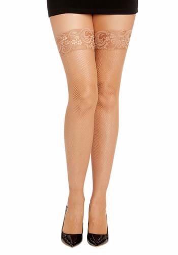 Women&#39;s Beige Lace Top Thigh High Fishnet Stocking