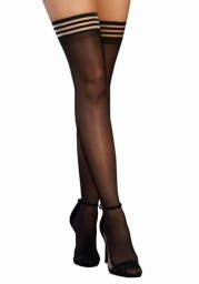 Women's Black Sheer Thigh High Stockings with Striped Band