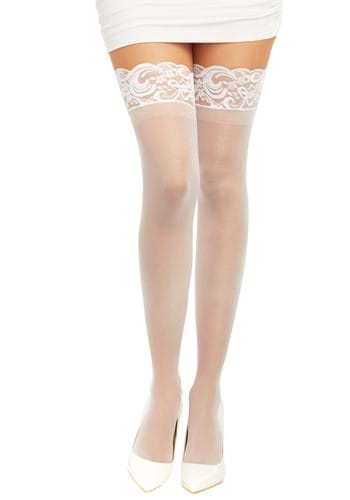 Women&#39;s White Anti-Slip Thigh High Stockings with Lace Top