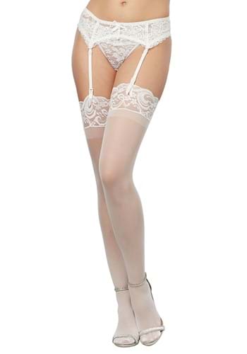 Women&#39;s White Sheer Thigh High Stockings with Lace Top Band