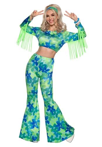 Women&#39;s Green and Blue Flower Power Costume