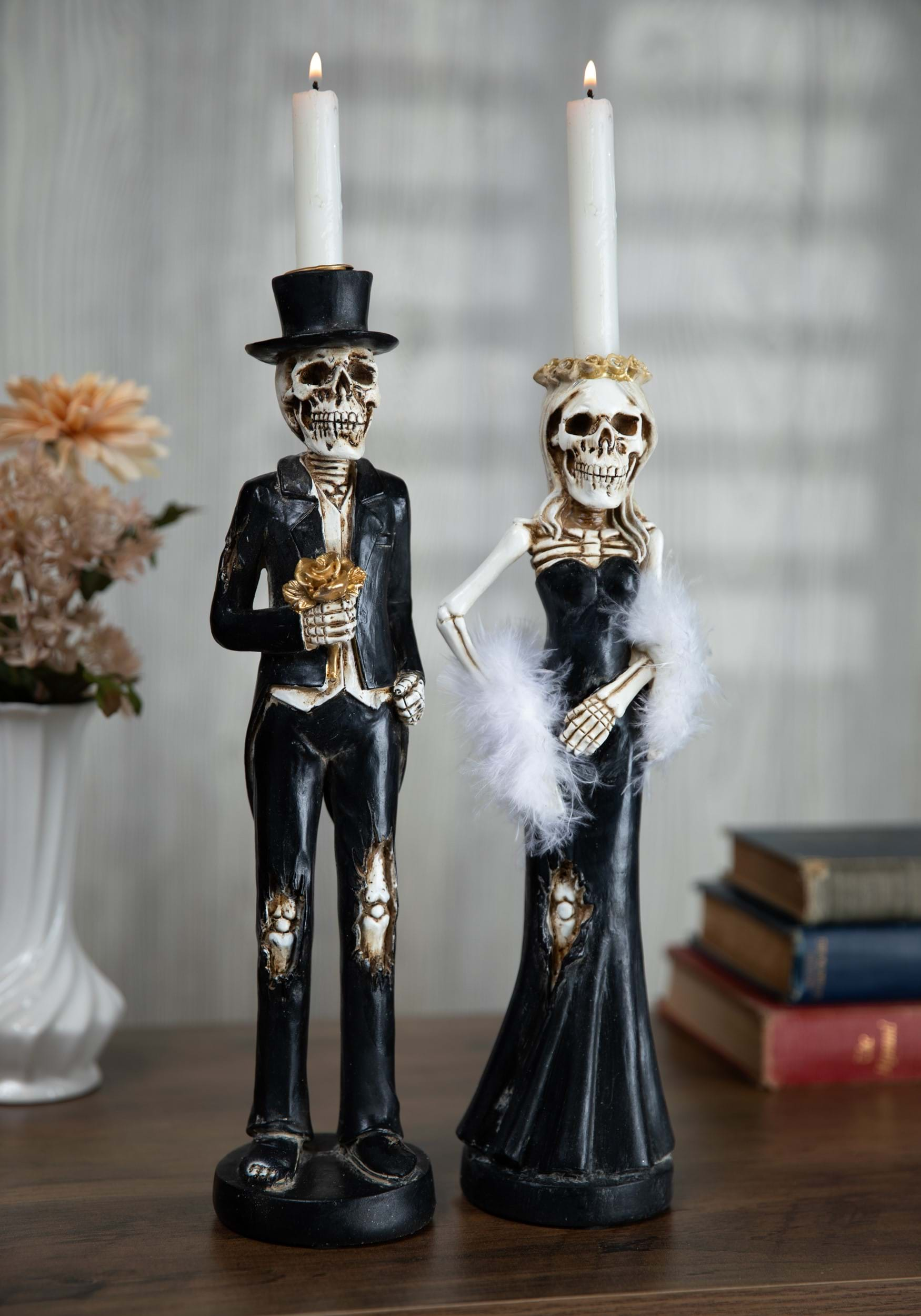 Resin Skeleton Lady & Man Tapered Candlesticks Prop