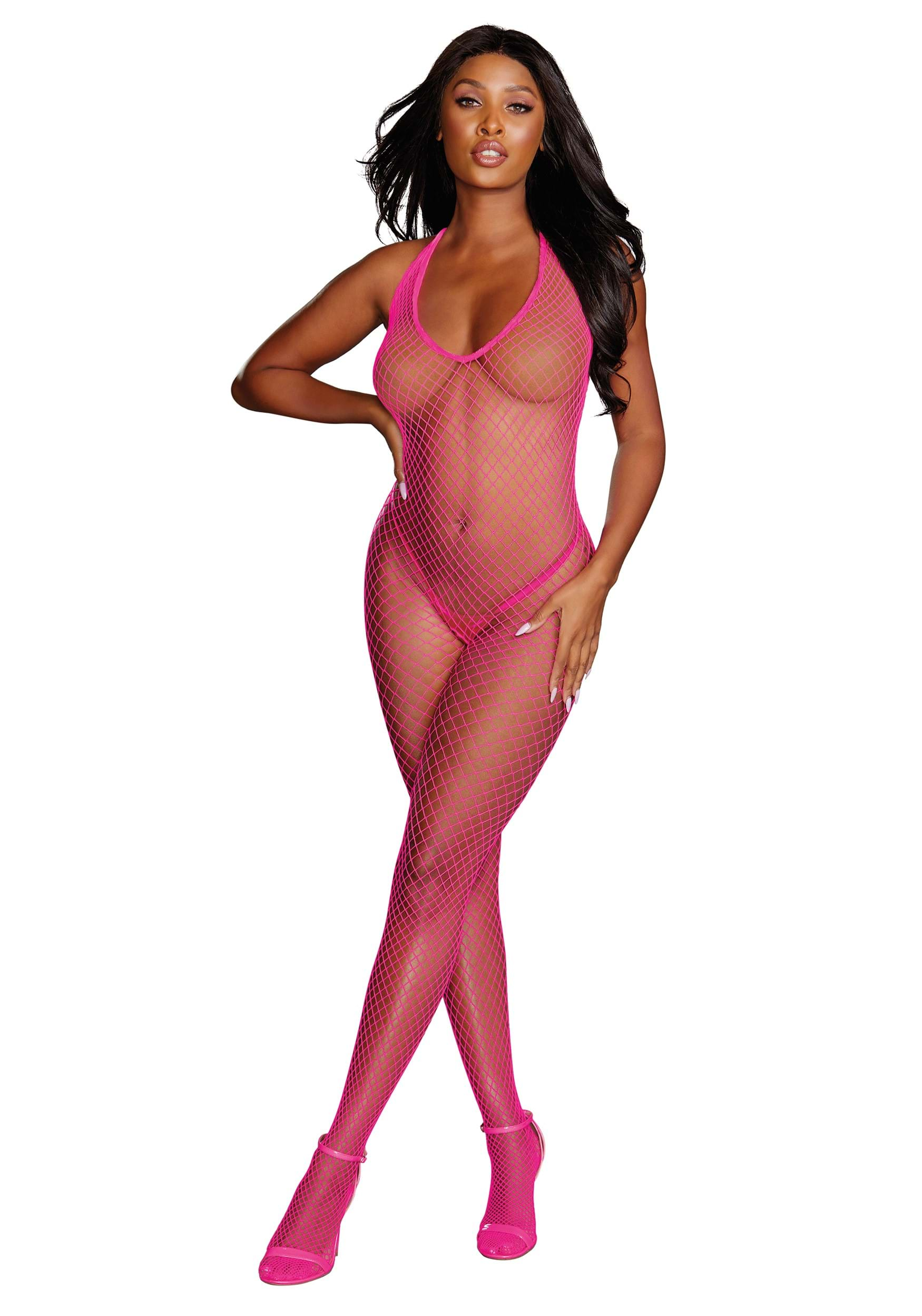 Pink Diamond Fishnet Halter Bodystocking for Women | Sexy Accessories