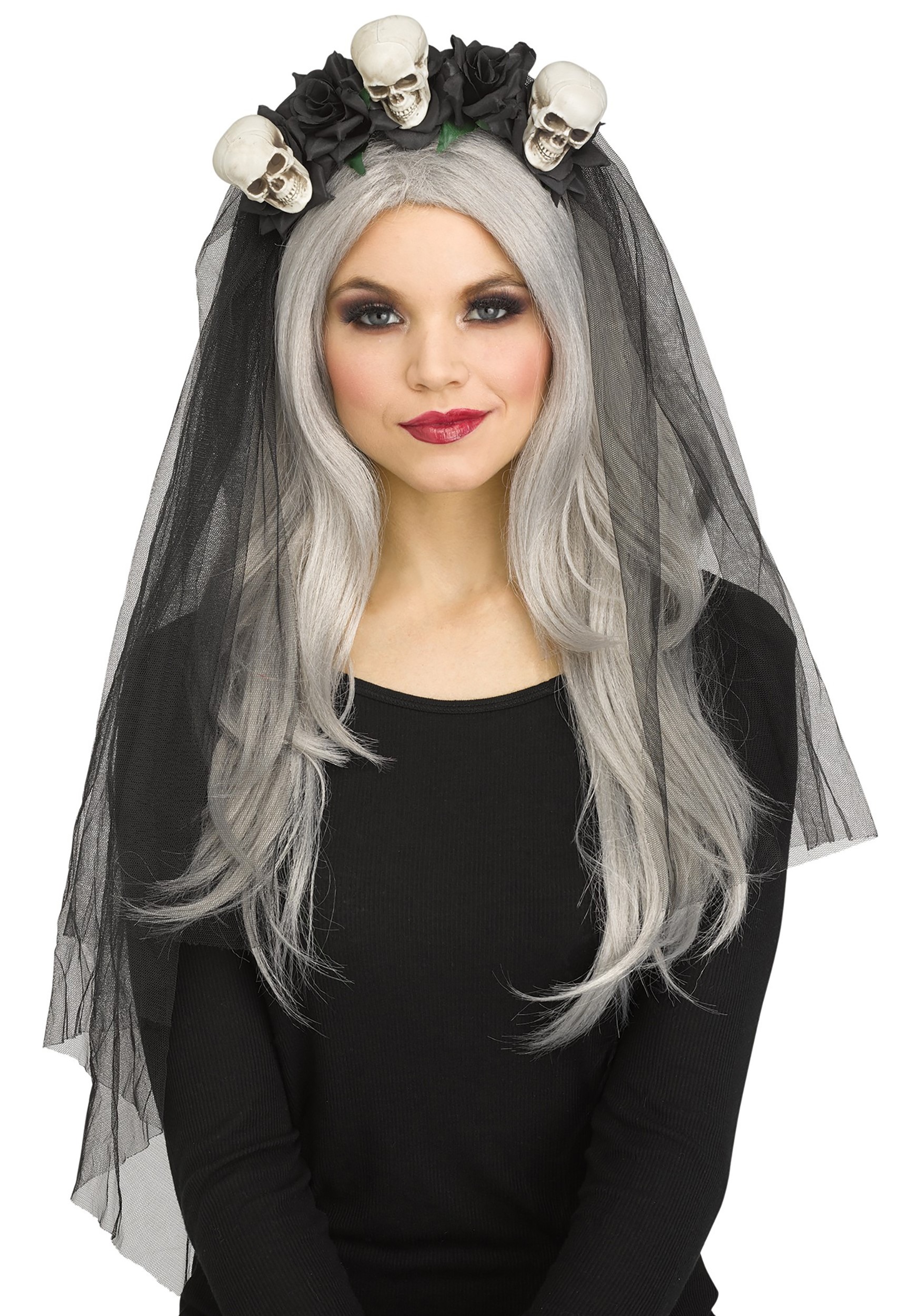 Black Skulls Horror Bridal Veil Headband Costume