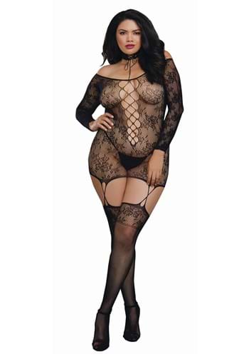 Women&#39;s Plus Lace Patterned Knit Garter Dress with Stockings