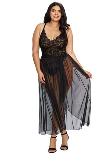 Women's Plus Size Lace Teddy and Sheer Wraparound Skirt