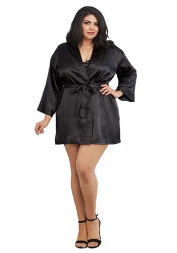 Women&#39;s Plus Size Black Charmeuse Chemise and Robe