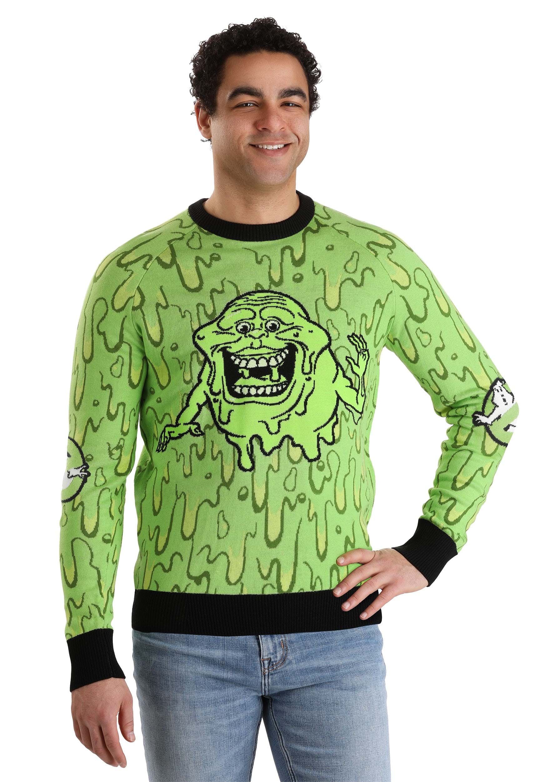 Adult Ghostbusters Slimy Salutations Slimer Sweater | Halloween Sweaters