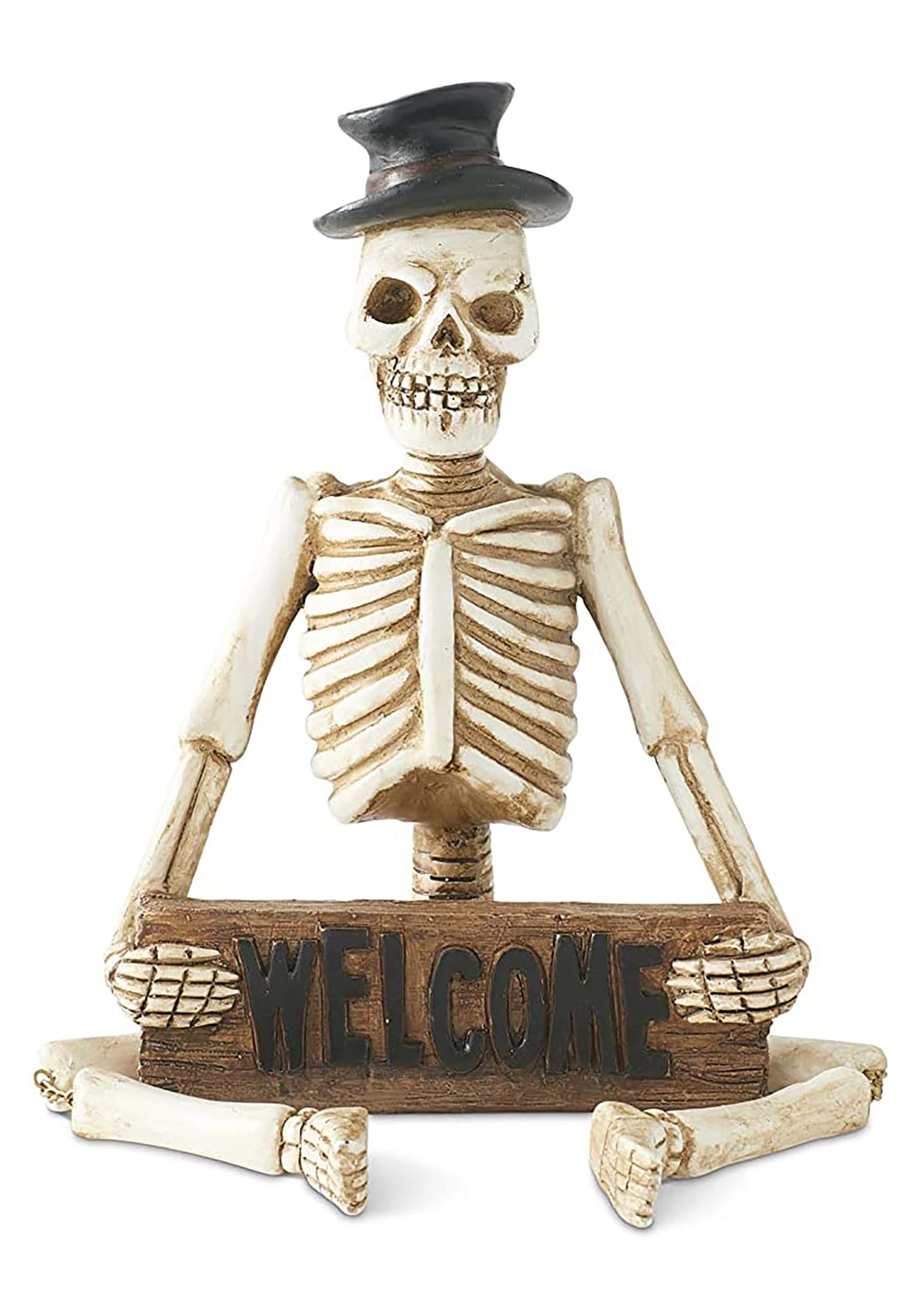 17 Resin Skeleton Man Shelf Sitter with Welcome Sign Halloween Decoration