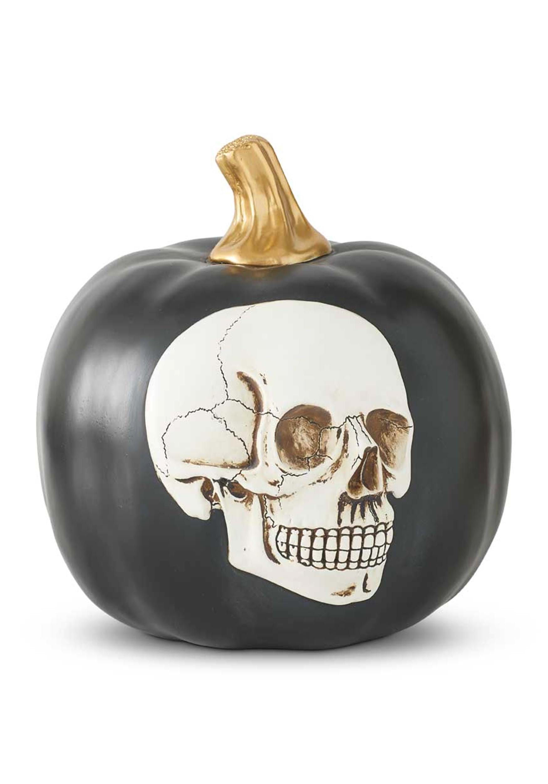 8.5-Inch Black Pumpkin with Embossed Skull Halloween Decoration