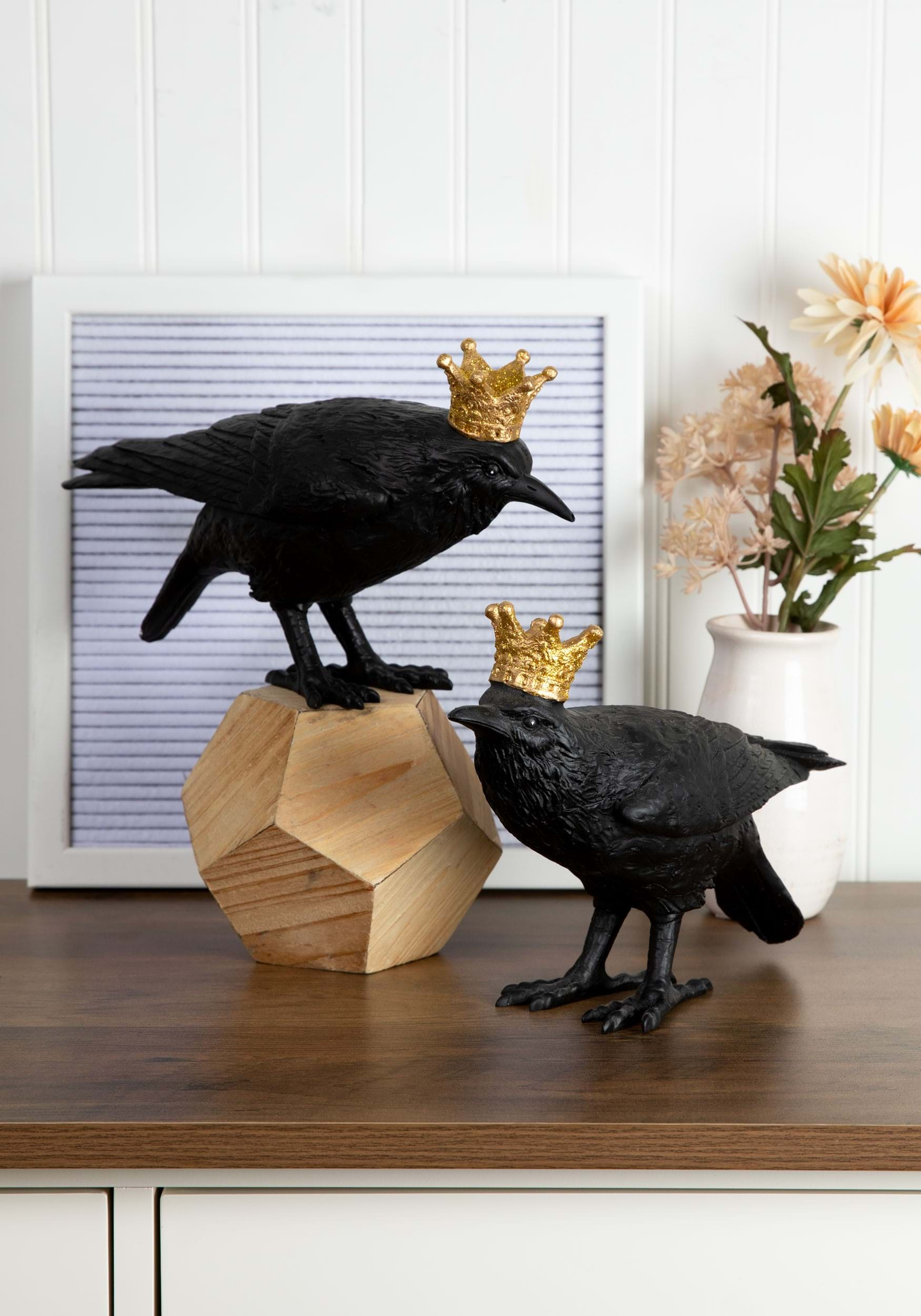 Set of Two Resin Crows with Gold Crown Prop | Animal Decorations