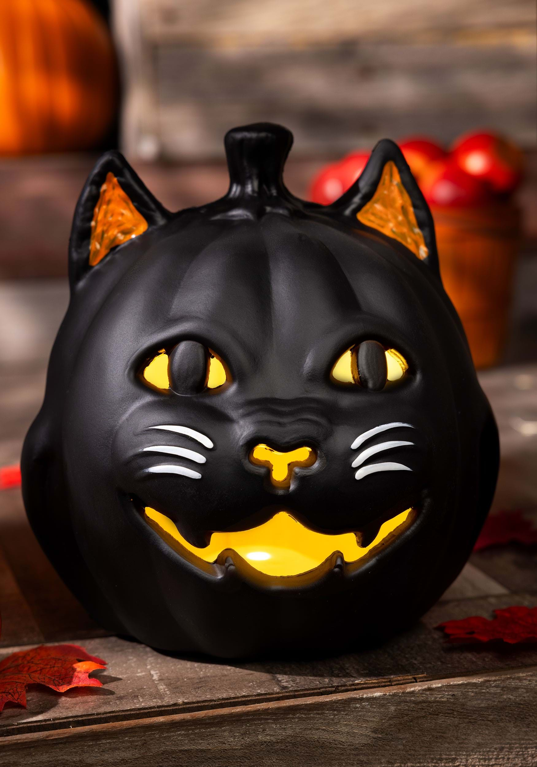 9-Inch Vintage Black Cat Light Up Jack O' Lantern Prop | Pumpkin Decorations