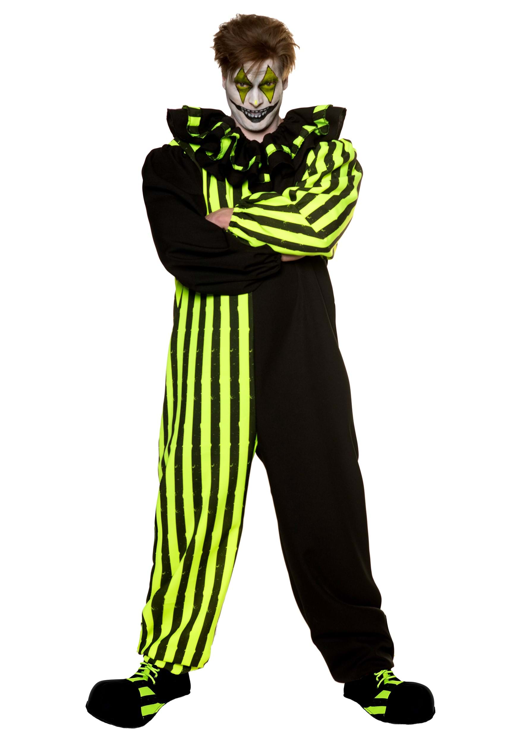 Adult Blacklight Reactive Two Tone Clown Jumpsuit Costume | Evil Clown Costumes