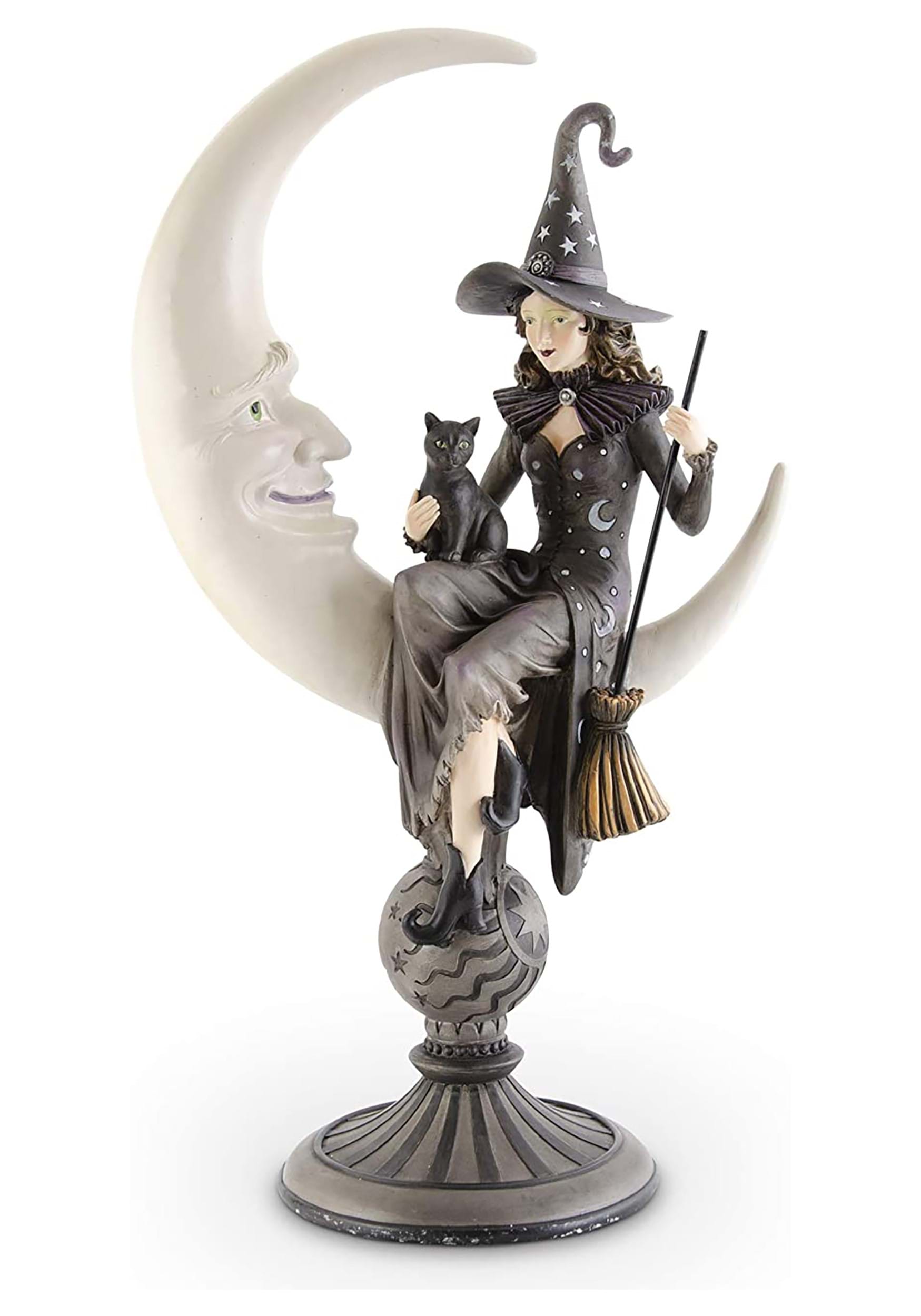 20-Inch Crescent Moon with Sitting Witch Statue | Witch Décor