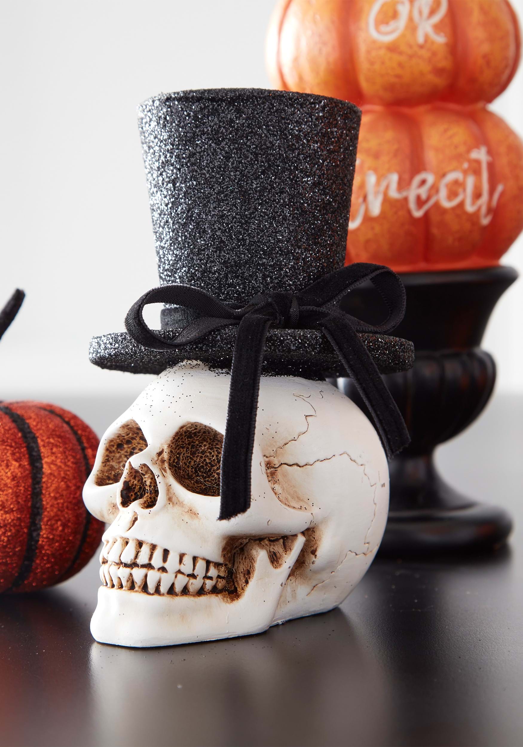 5 Inch Resin Skull with Glittery Top Hat Decoration
