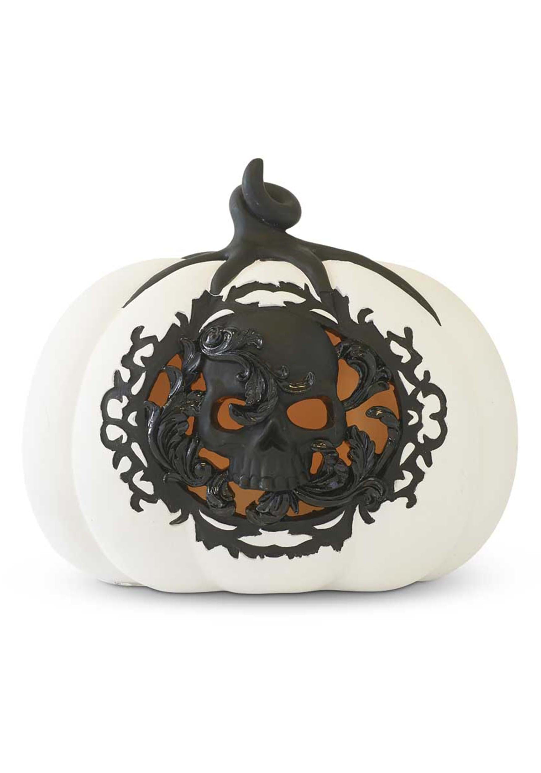 7.75 White & Black LED Pumpkin with Filigree and Skull Prop