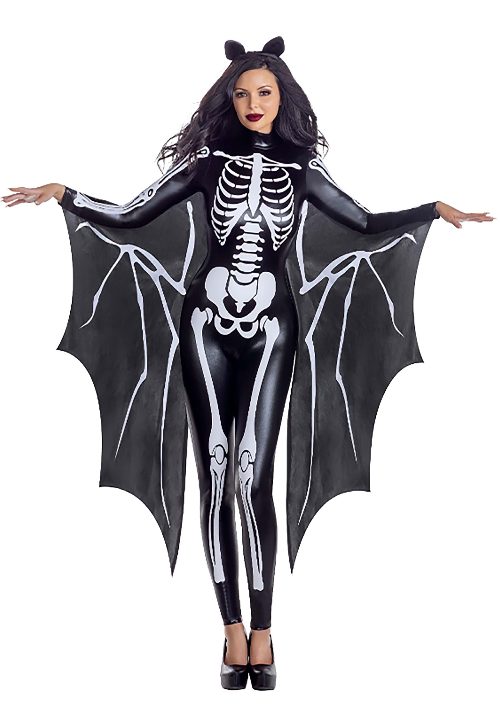 Sexy Women's Skeleton Bat Jumpsuit Costume with Attached Wings | Bat Costumes