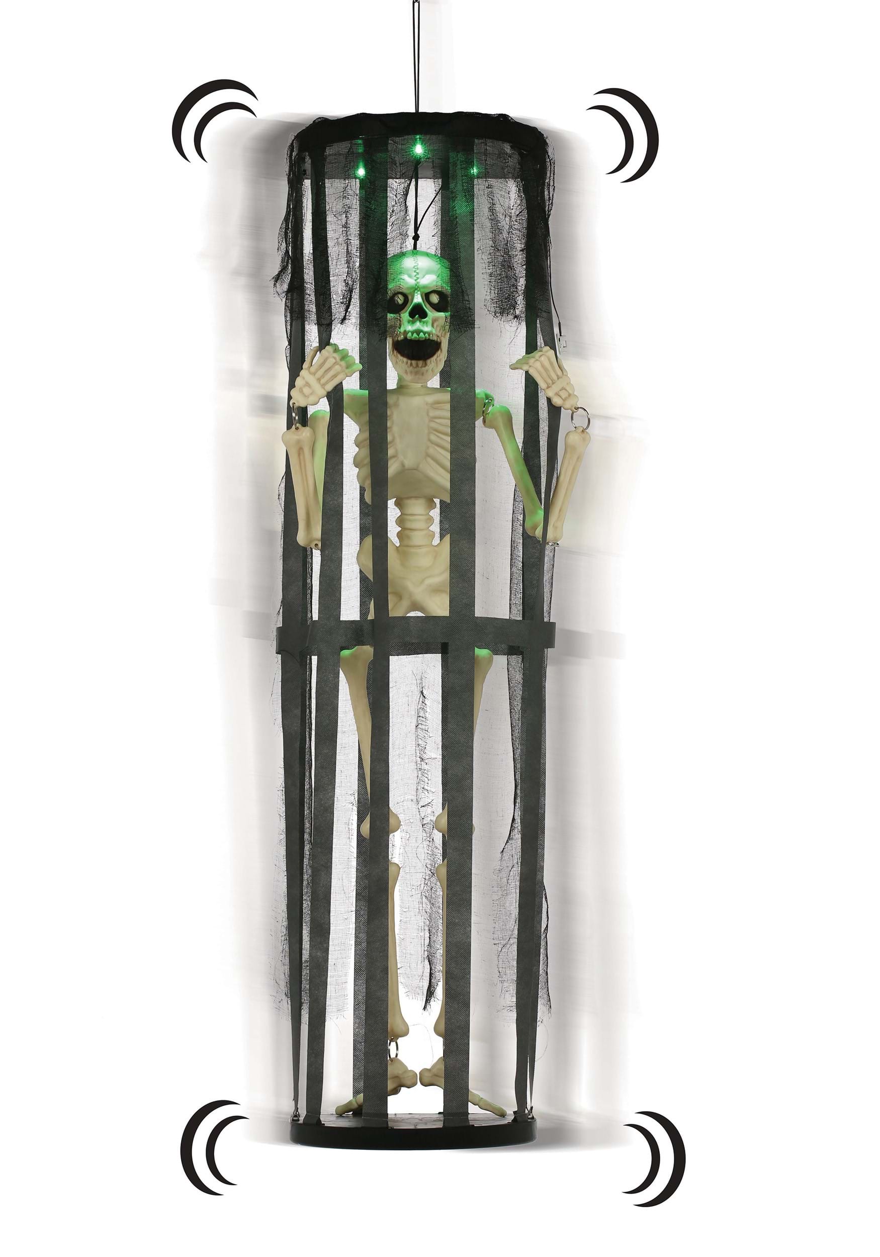 40 LED & Sound Activated Shaking Skeleton in Cage Halloween Prop