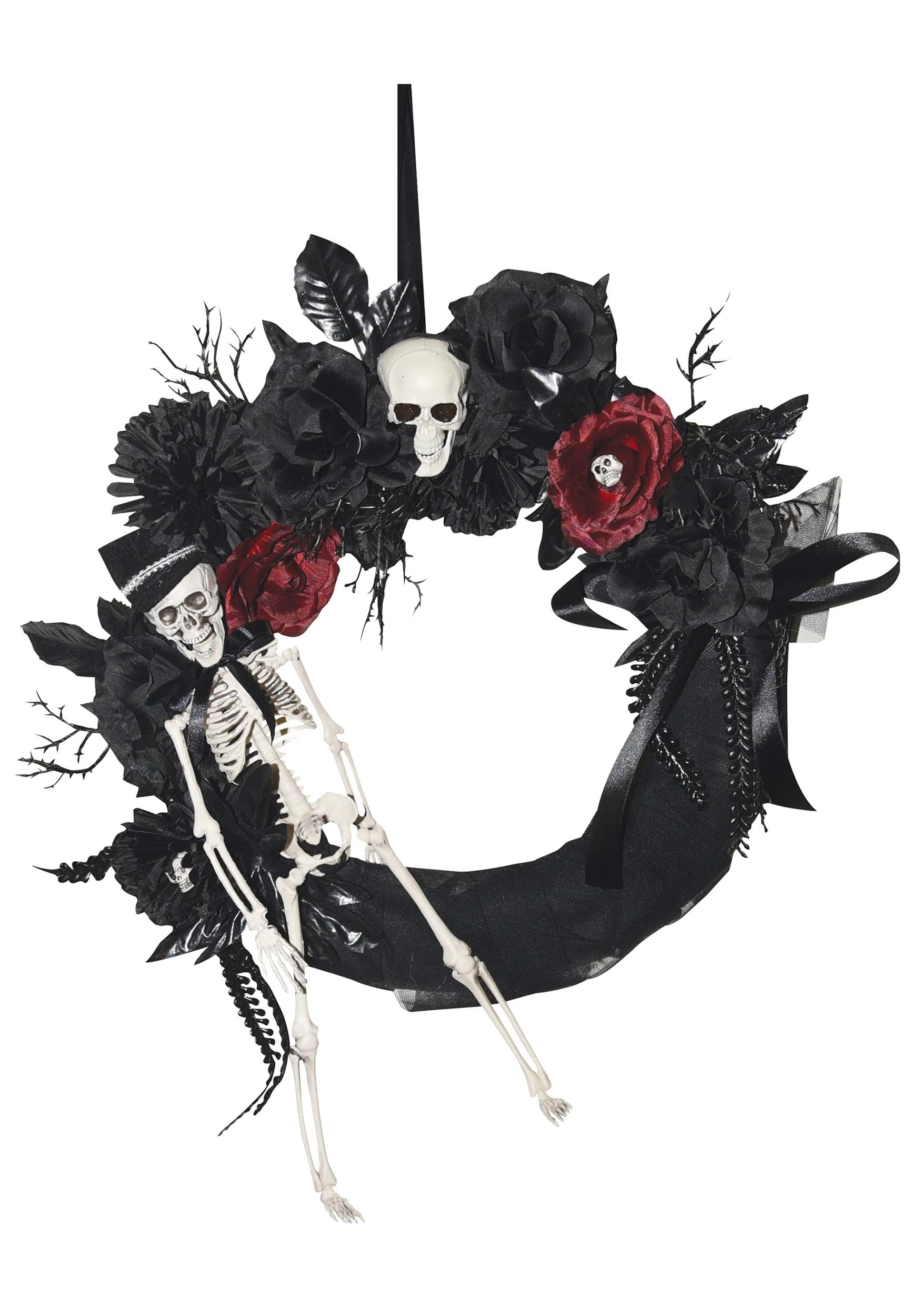 18 Black Halloween Wreath with Skeleton and Flowers Door Decoration | Halloween Wreath