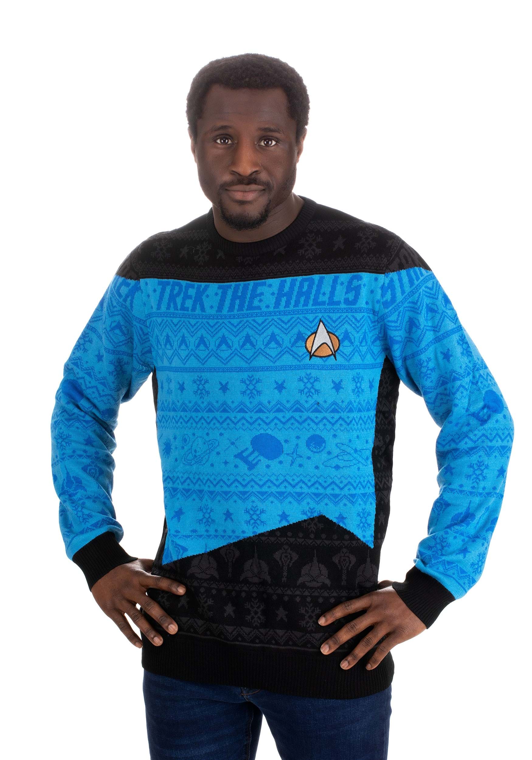 Star Trek Trek the Halls Adult Blue Christmas Sweater | Holiday Sweaters
