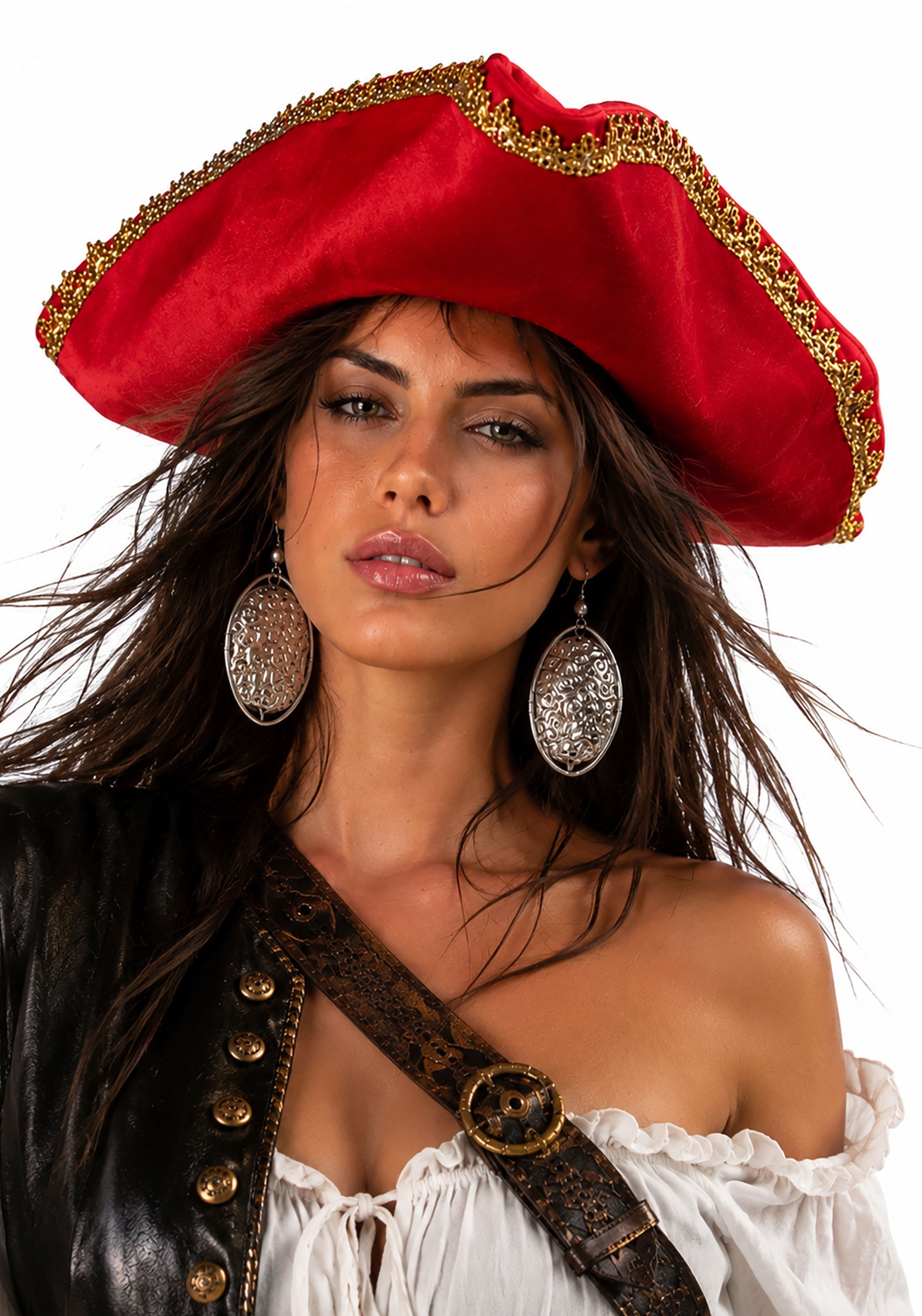 Adult Red Costume Pirate Hat with Lame Gold Trim | Pirate Accessories