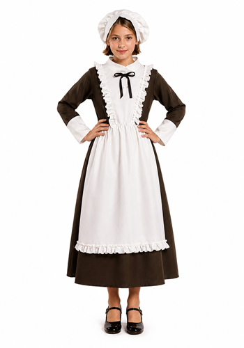 Child Colonial Peasant Girl Olive-Colored Costume Dress | Historical Costumes